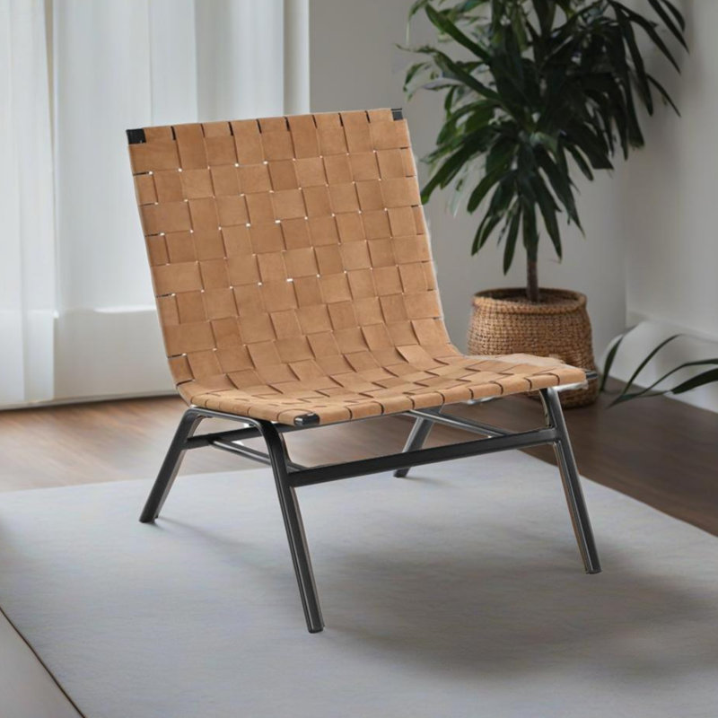 Fauteuil en cuir brun - Mid-Century moderne avec dossier tressé et sangles en mousse