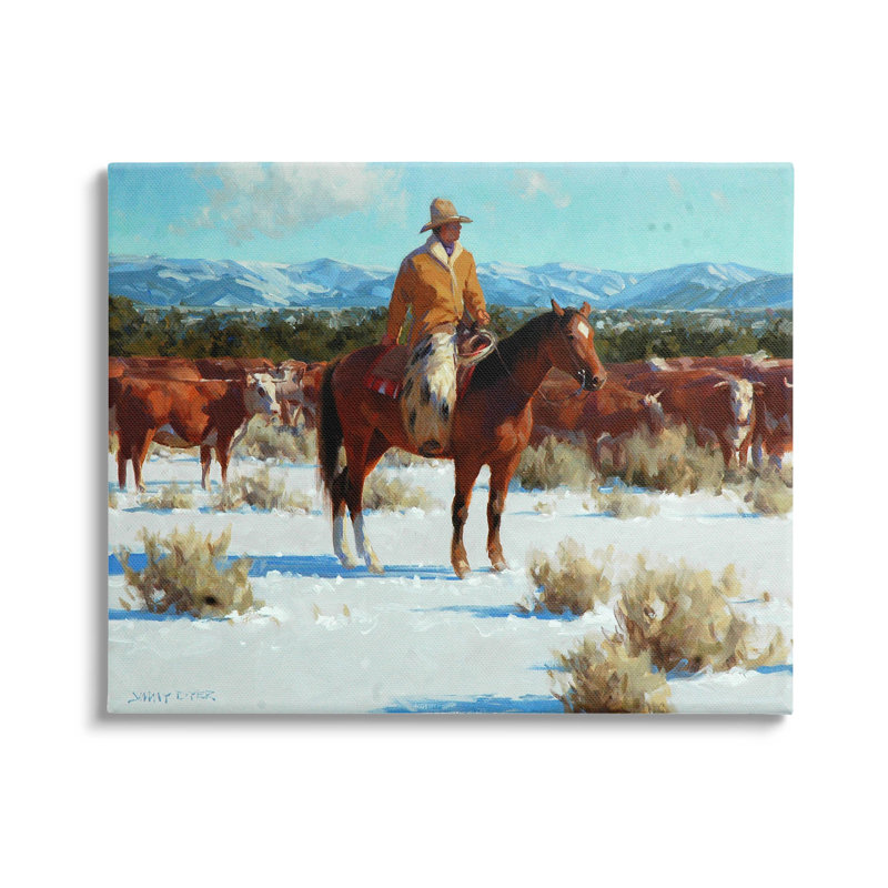 Hiver, cowboy, bovins, paysage, estampe numérique par Jimmy Dyer, H 30 po x l 40 po x P 1,5 po, Toile tendue