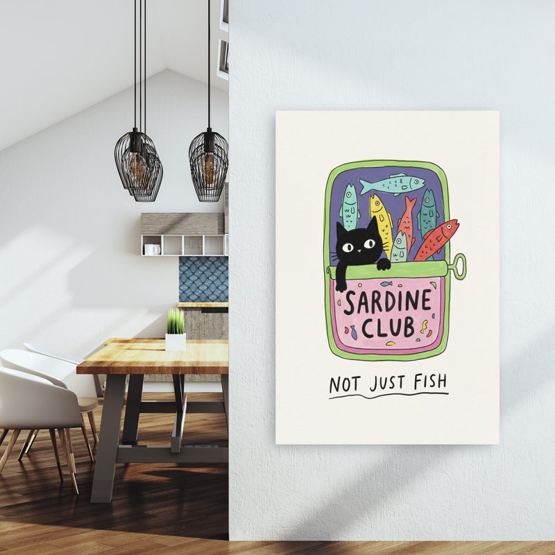 Chat noir, sardine club, coloré, chat contemporain, poisson, impression murale, 60" H x 40" W