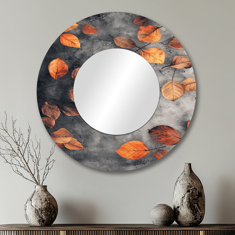 Orange orange, feuilles d'automne I - Art mural miroir décoratif floral - imprimé sur métal, 29 po x 29 po