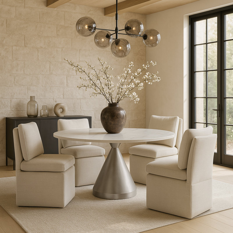 Chaise de salle à manger rembourrée Nelori, Tissu beige texturé en lin
