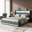 EU Double & King Linen Storage Bed With 4 Drawers & Dual LED Lights, Upholstered Bed Frame With Charging Port, Grey & Beige-1659880784-1659880785