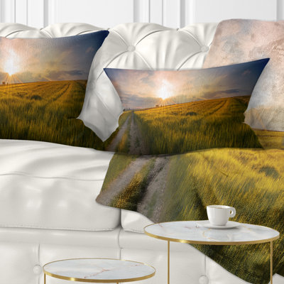Landscape Printed Sunset in Field of Grain Panorama Lumbar Pillow