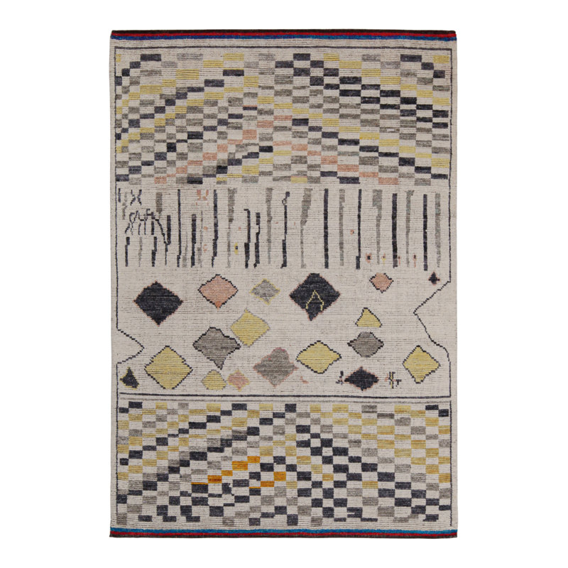 Rug & Kilim’S Moroccan Rug In White With Black And Gold Geometric Pattern, Runner 3' x 8'