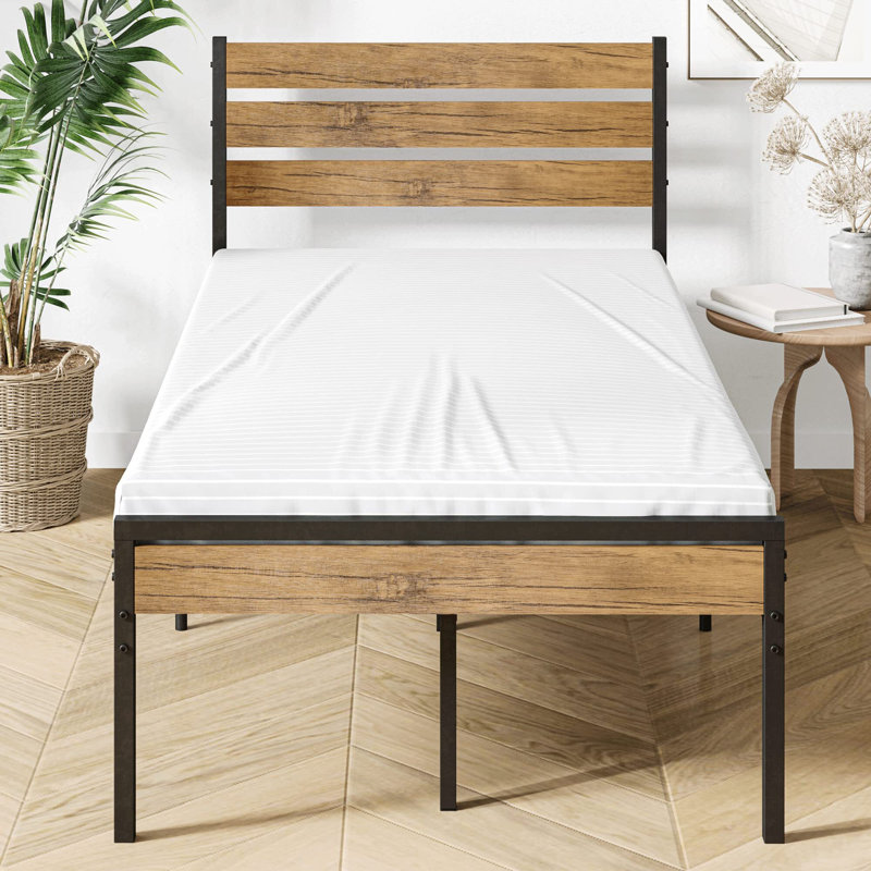 Structure de lit avec tête de lit en bois et plateforme de support à lattes en métal avec rangement, Lit simple