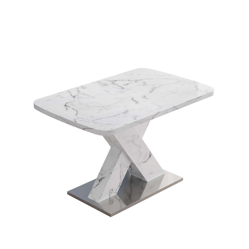 Modern Square Dining Table, Stretchable, Printed Marble Table Top+MDF X-Shape Table Leg with Metal Base, White/White