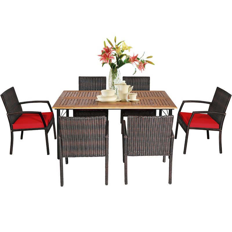 Reeltown 6 - Person Acacia Wicker Patio Dining Set with Rectangular Table , Cushions Included, Red