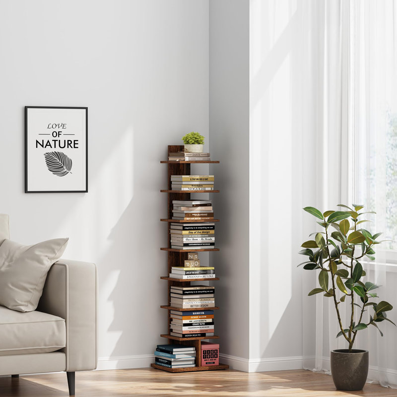 8-Tier Vertical Bookshelf, Narrow Bookcase for Small Spaces, Rustic Brown
