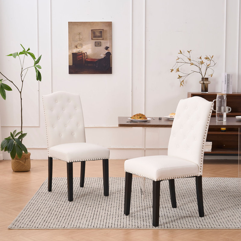 Classic Rivet Tufed Dining Chairs Set Of 2, Kitchen Seats Faux PU Leather Upholstered With Wood Legs, Beige