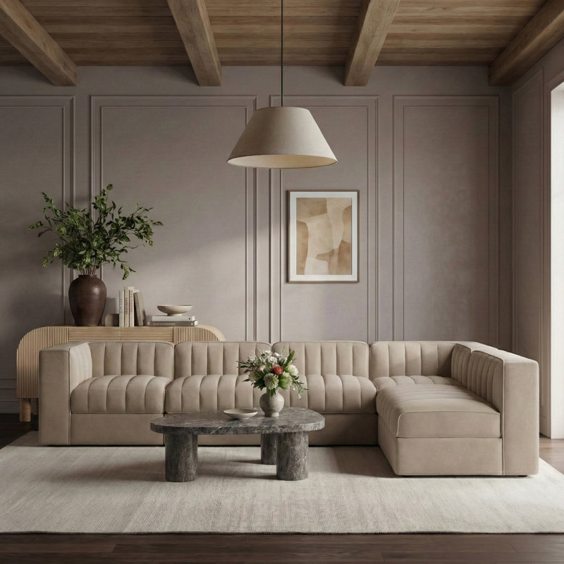 Tissu en velours Demars Performance 6 pièces Canapé modulaire modulaire, Velours beige, 27" H x 126" W x 92" D