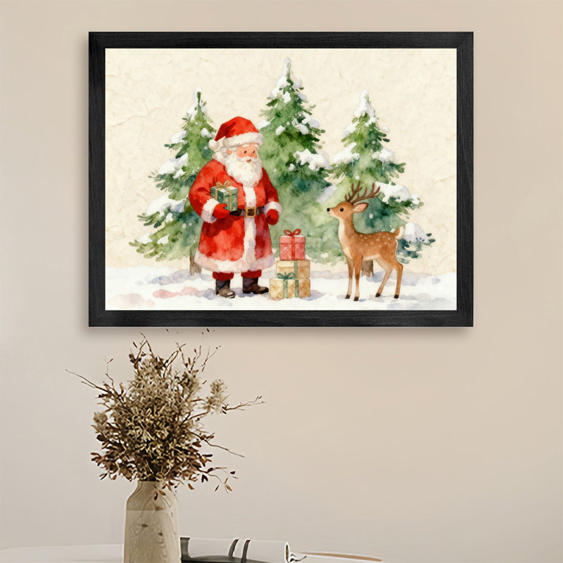 Reproduction d'art encadré noir, père Noël et renne, H 13 po x l 17 po