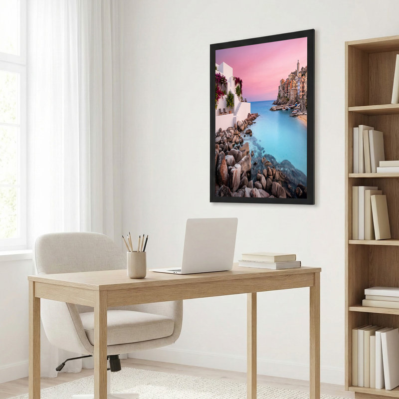 Art mural sur toile bord de mer avec bâtiments blancs et ciel coucher de soleil rose, H 28 po x l 40 po