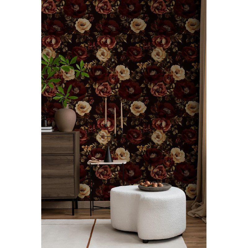 Papier peint floral bourgogne foncé crème et marron bordeaux mural Dramatic Moody Peel and Stick Roll