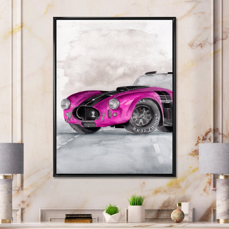 «Beautiful Old Magenta Car on Grey», peinture sur toile, H 32 po x l 16 po x P 1 po, Cadre flottant noir