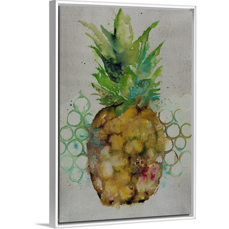 « ananas rain », peinture sur toile, H 37,7 po x l 25,7 po x p 1,75 po, Cadre flottant blanc