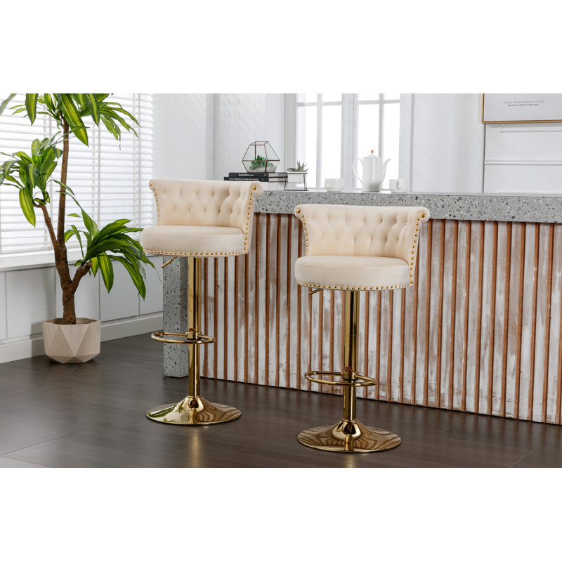 Swivel Bar Stools Set Of 2 Adjustable Counter Height Chairs With Footrest For Kitchen, Dining Room 2PC/SET, Beige