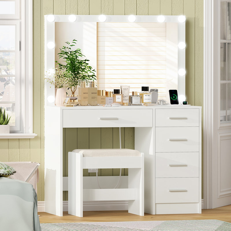 Coiffeuse avec lumières et tabouret Jaq, Blanc