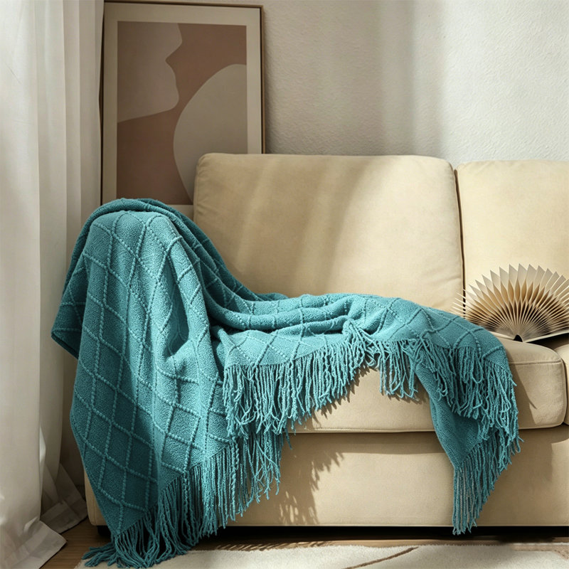 Acrylic Tassel Throw Blanket., 127 x 152cm, Menthol Green