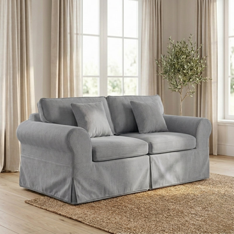 Greco Vintage Upholstered Boneless Three Seat Couch Compressed Delivery Tool Free Setup Sofa, Gray