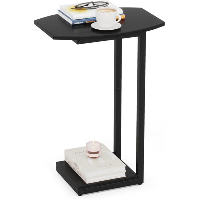 Small Side Table End Table, C Shaped Barrel Coffee Table with Metal Frame.Black