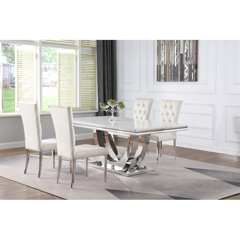 Demorest Stone Top Pedestal Dining Set, White Table with Gray Chairs, 5 Pieces: Table, 4 Chairs