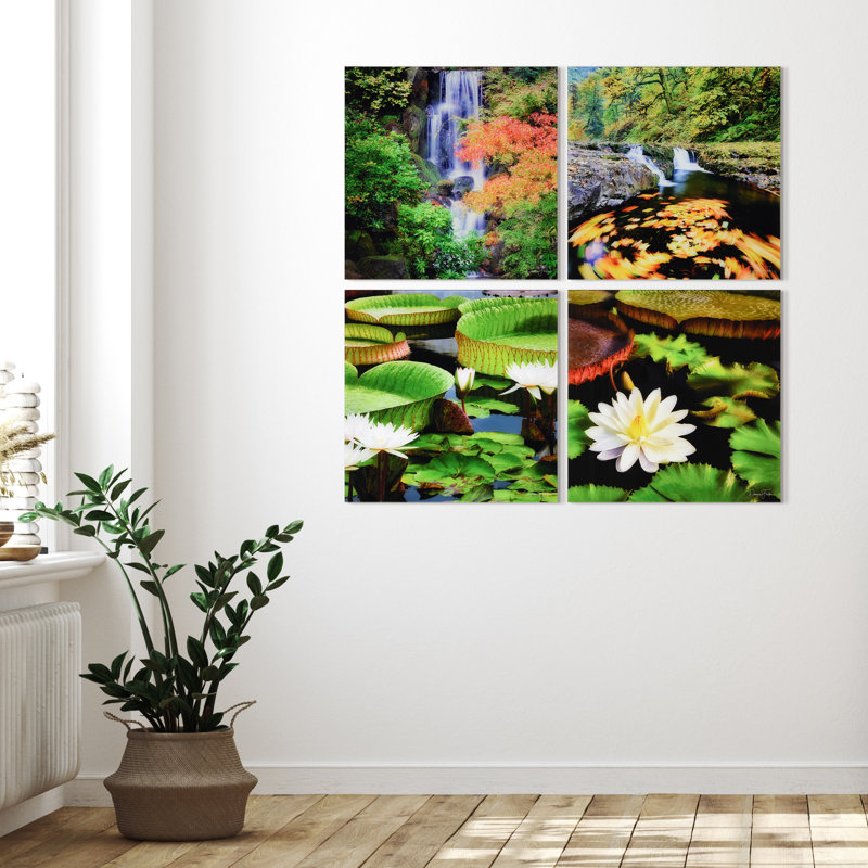Waneta "Water Lilies" Frameless Free Floating Reverse Printed Tempered Glass Nature Scapes Wall Art