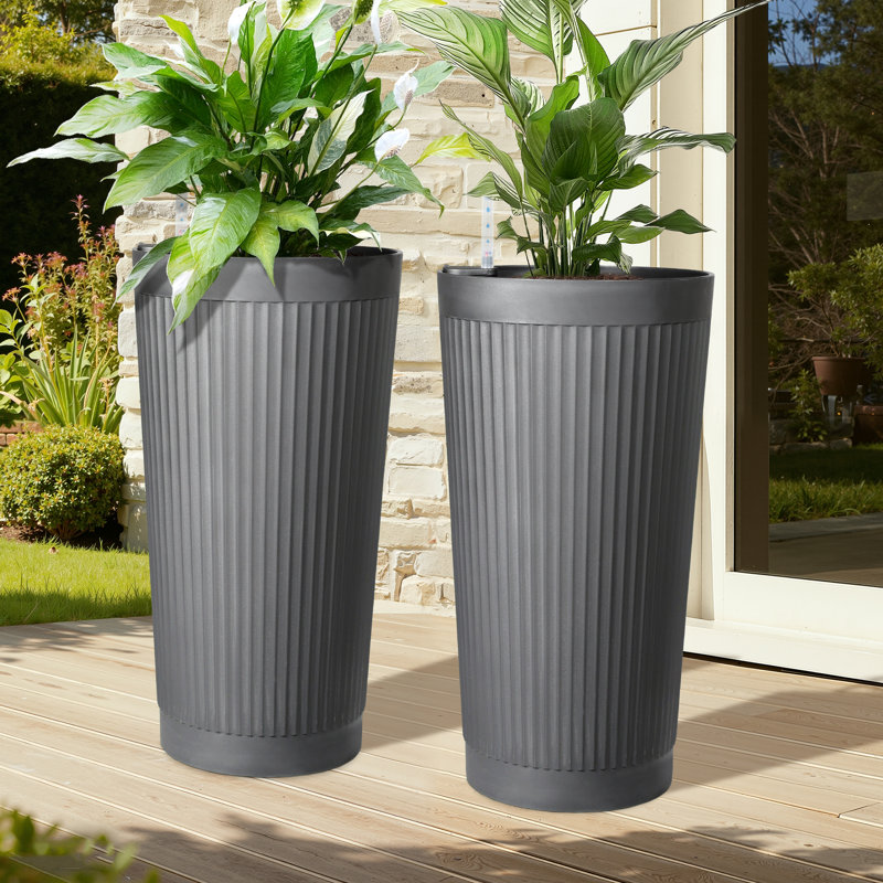 Grand pot de fleurs rond de 24 po de hauteur, pot de fleurs en plastique très grand rayé pour plantes d'intérieur et d'extérieur, pot de fleurs décoratif pour patio, porche et décoration intérieure
