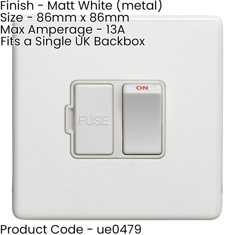2 PACK 1 Gang 13A Switched Fuse Spur SCREWLESS MATT BLACK Mains Isolation, White, White