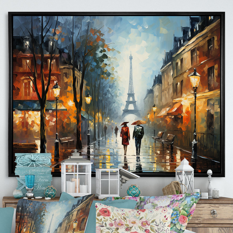 Couple romantique à Paris II - Art mural de la ville de Paris, Cadre flottant noir, H 16 po x l 32 po x P 1 po
