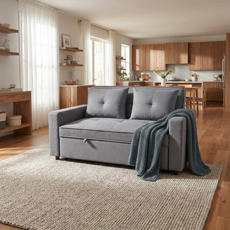 Canapé-lit gris convertible avec causeuse, canapé-lit escamotable 3 en 1 avec dossier réglable, tissu respirant, ensemble 2 pièces pour petits espaces