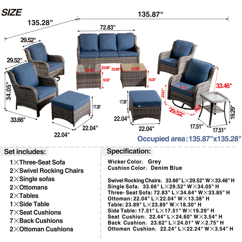 Ensemble de conversation en osier / rotin pour 7 personnes avec coussins Cracraft, Structure grise / coussin bleu
