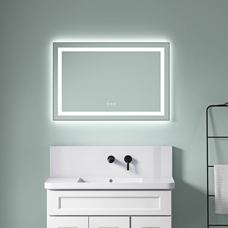 Miroir de salle de bain DEL 91 x 61 cm avec cadre en aluminium, 3 températures de couleur, effet brume, mémoire, intensité lumineuse réglable en continu, ambiance lumineuse améliorée, fixation murale, couleur cendré pour la décoration