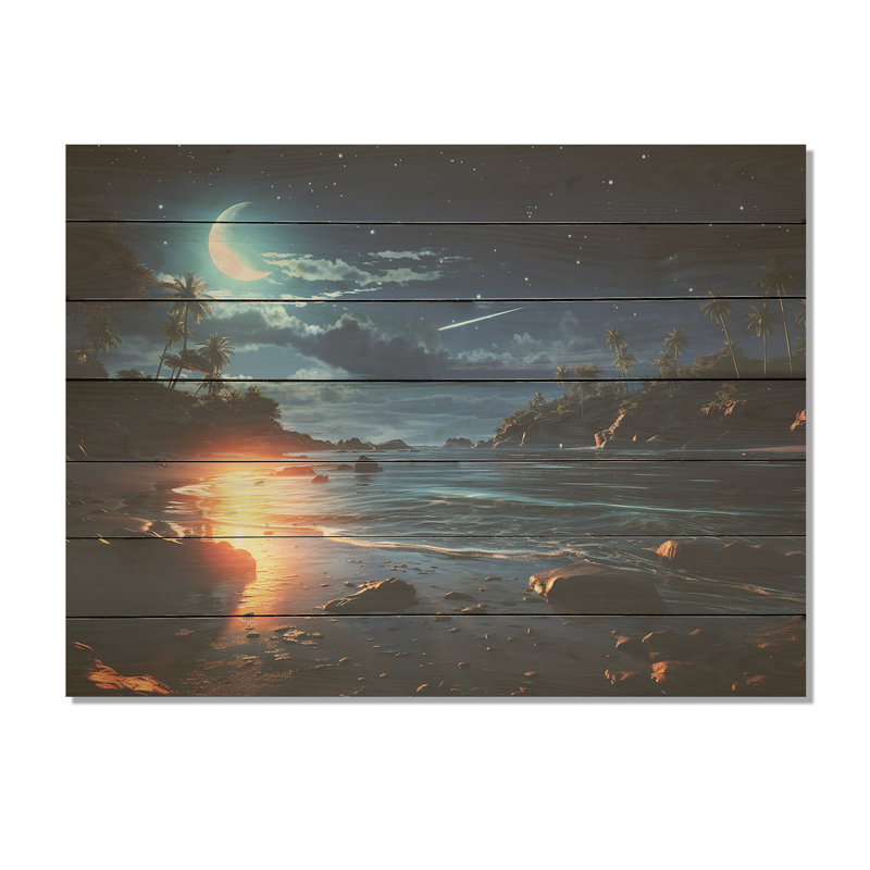 Mystic Tropical Beach Moonlight I - Plage sur bois, H 30 po x l 40 po