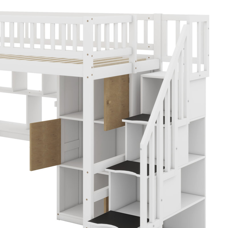 Lit mezzanine simple avec bureau et escalier de rangement, lit mezzanine en bois avec lumières DEL, tablettes et armoires de rangement