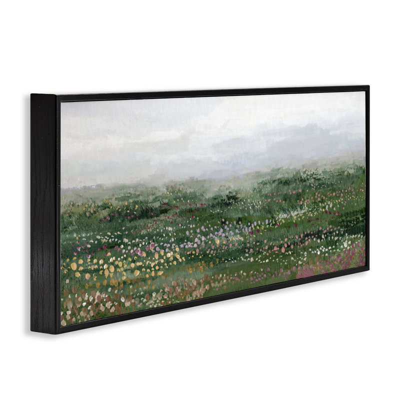 Scène de prairie parsemée de giclées, conception par Hannah Dawson, H 10 po x l 24 po, Giclée encadrée noir minuit