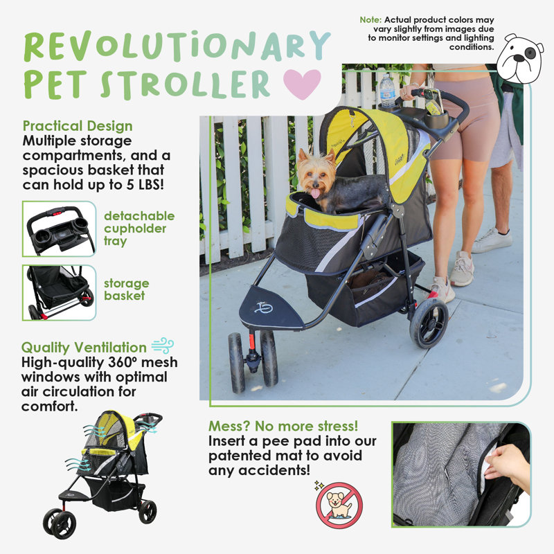 Sunshine Yellow Pet Stroller with Mesh Windows and Storage
