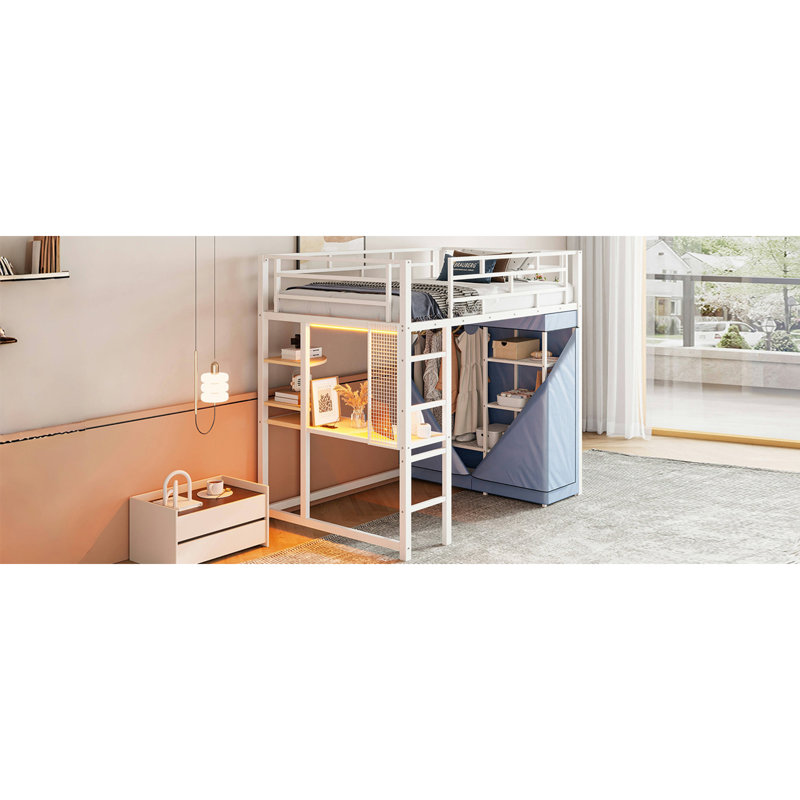 Lit mezzanine en métal avec bureau, tablettes, prise de courant, lumière DEL et garde-robe, Lit simple, Blanc