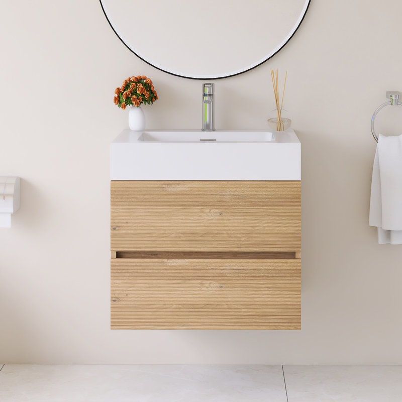 24" Wall-Mounted  Bathroom Vanity With White Solid Surface Basin, 24"