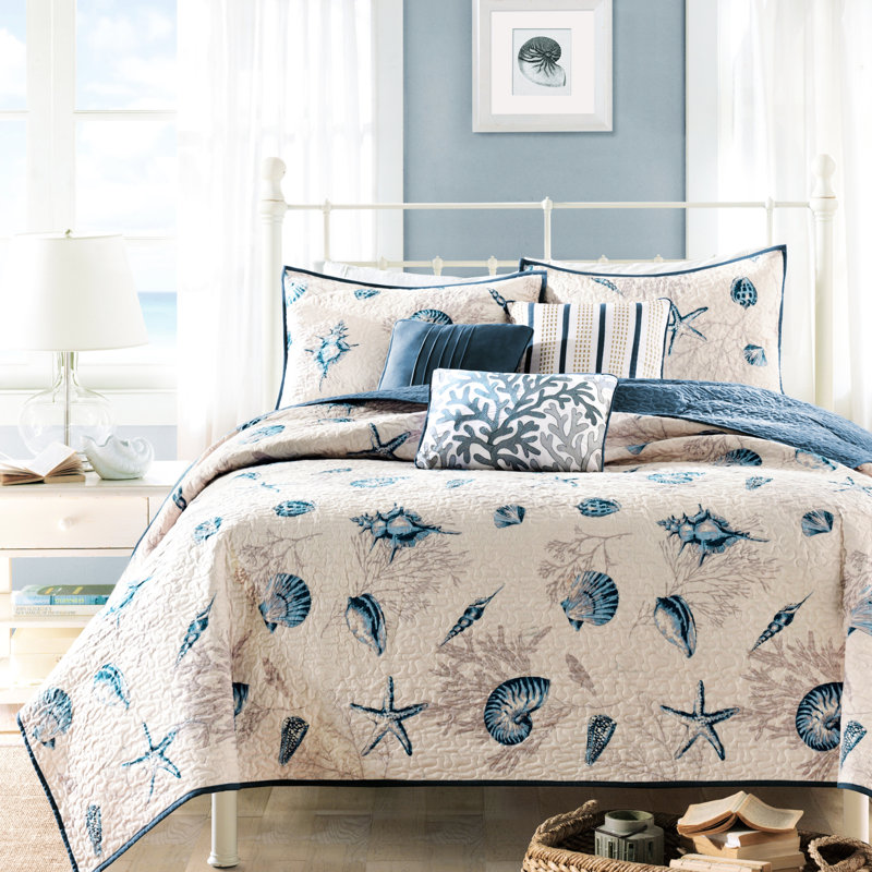 Blue Microfiber Quilt - Twin/twin Xl Coral Bedding With Shell Pattern, Twin Quilt