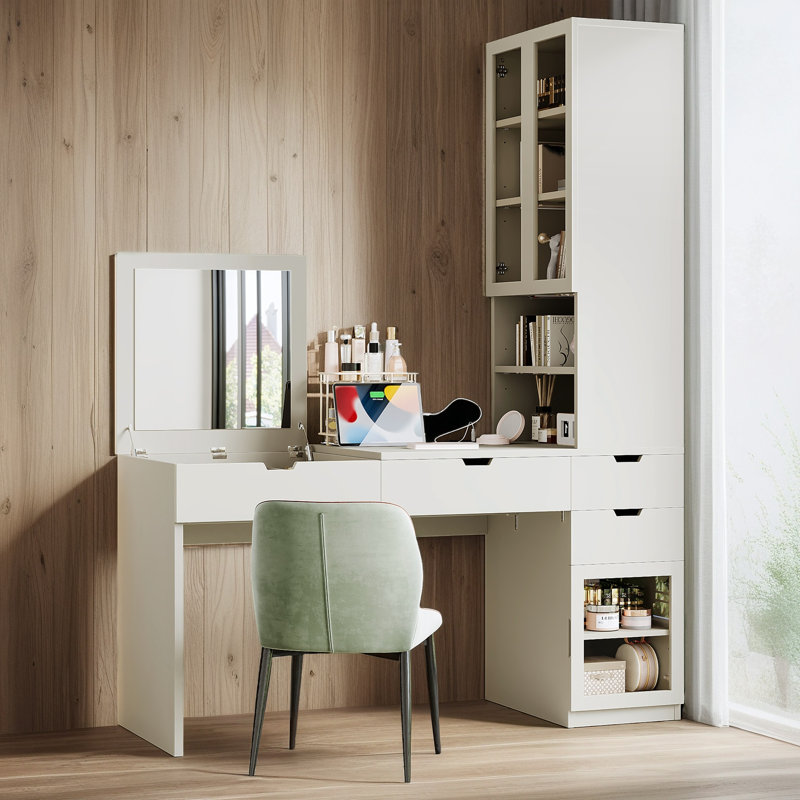 Bureau de maquillage avec miroir, station de charge, 3 tiroirs et 2 armoires