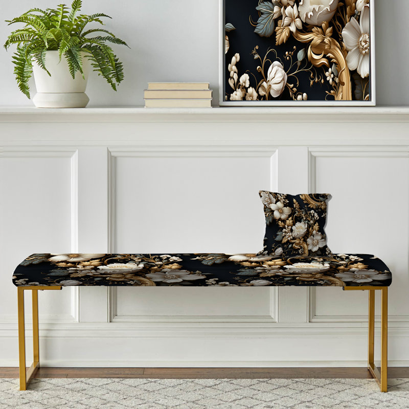 Banc rembourré or, Motif floral victorien noir et blanc doré