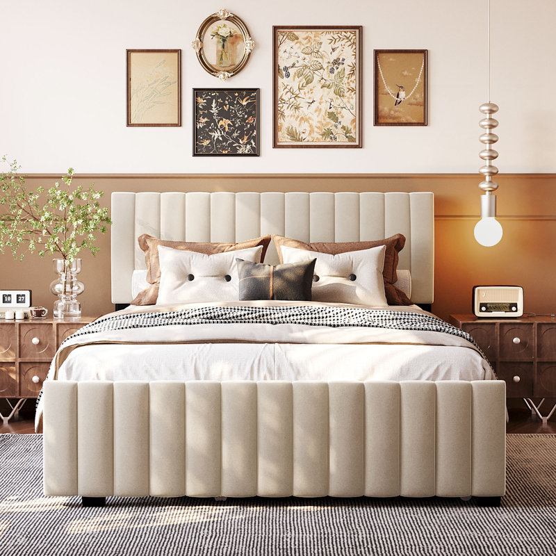 Grand lit plateforme tapissier en velours avec gigogne simple TG, beige