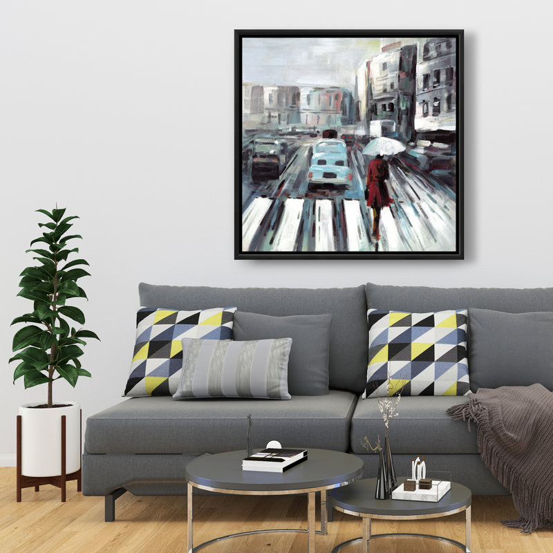 Abstract Pedestrian Crossing - Car Red Framed Canvas Decor