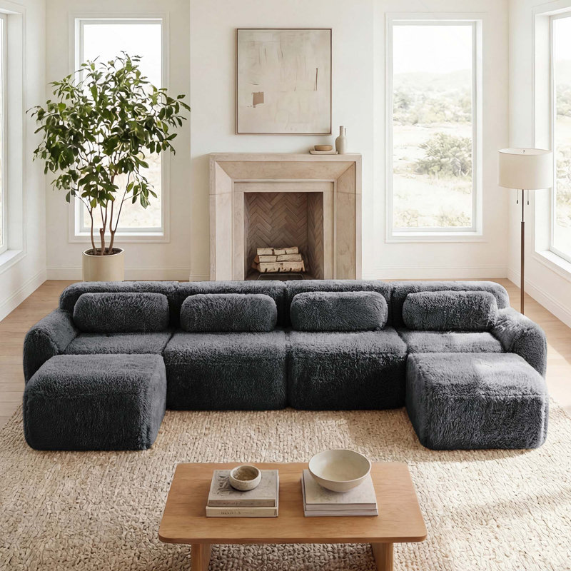 Canapé modulaire ergonomique à 4 places en tissu moelleux doux et moelleux avec coussins décoratifs et 2 repose-pieds pour le cinéma maison