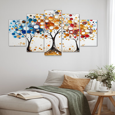 Automne orange et bleu, arbre, saisons, reflets III - ensemble abstrait d'art mural Mid-Century