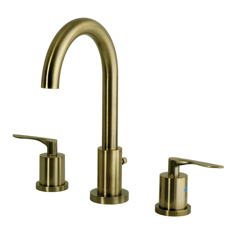 Kingston Brass Serena Two-Handle 3-Hole Deck Mount Widespread Bathroom Faucet with Brass Pop-Up Drain, Antique Brass