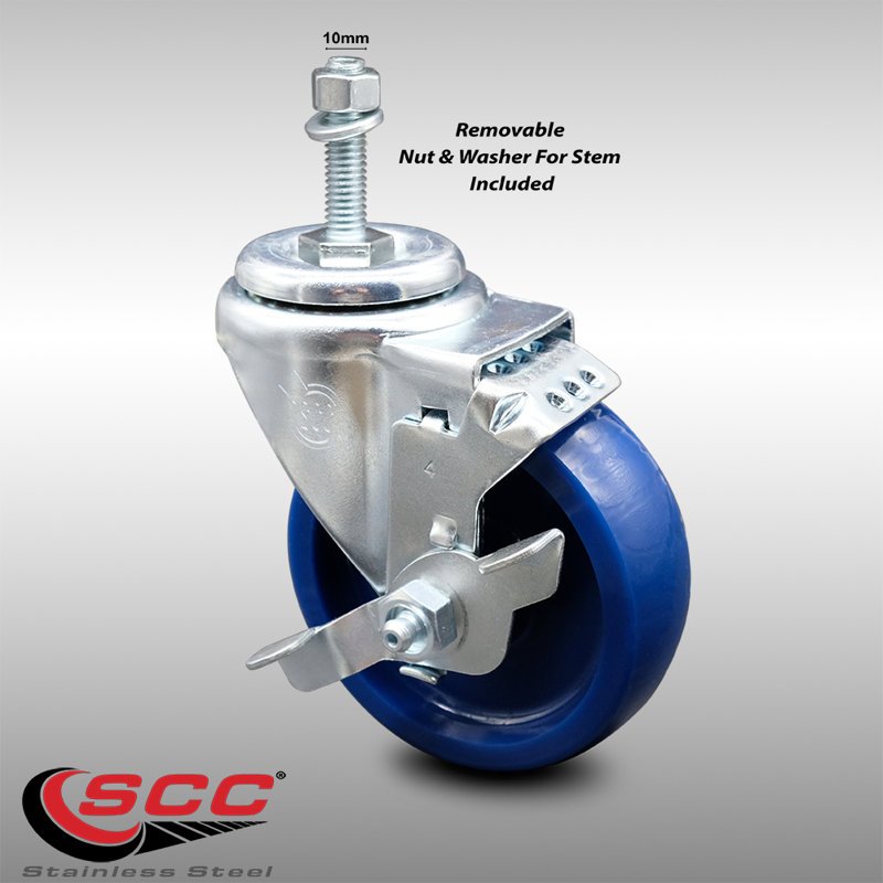 Roulettes pivotantes à tige filetée en polyuréthane solide 4 pouces 10mm avec frein SCC