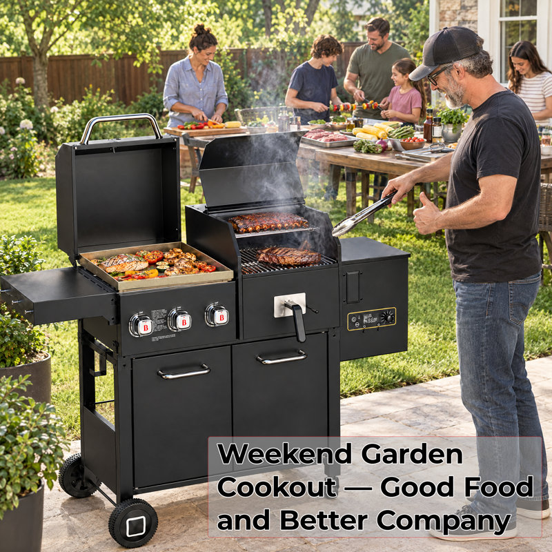 Flintex Gas & Wood Pellet Grill Smoker Combo with Griddle, 709 sq. in. Total Cooking Area, 3 Propane Burner 24,000 BTU, Digital Temp Control, Side Shelf, Rolling Cart