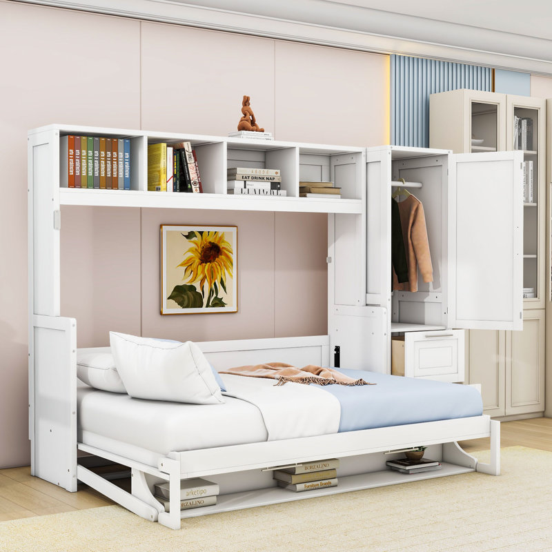 Lit escamotable en bois avec 2 tablettes et 2 tiroirs Tandie, Double, Blanc