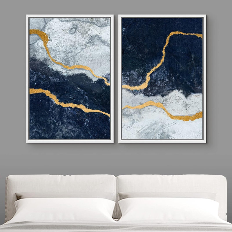 Paysage de marbre bleu et blanc avec rayures dorées et formes abstraites encadrées sur toile, 2 pièces, Blanc